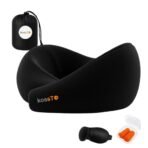 Travel Neck Pillow - 100% Memory Foam Neck Support Pillow for Flight Travel, Adjustable Velcro Straps, Includes Eye Mask & Noise Isolating Ear Plugs with Free Travel Pouch | Velvet Black - Image 2