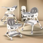 BAYBEE 3 in 1 Convertible High Chair with Adjustable Height and Footrest,Baby Toddler Feeding Booster Seat with Tray,Wheels,Safety Belt and Cushion,for Boys & Girls 6 Months to 3 Years (Liora Grey)