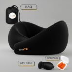 Travel Neck Pillow - 100% Memory Foam Neck Support Pillow for Flight Travel, Adjustable Velcro Straps, Includes Eye Mask & Noise Isolating Ear Plugs with Free Travel Pouch | Velvet Black - Image 7