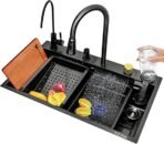 Kitchen Sink with ANTI SCRATCH HONEYCOMB DESIGN Integrated Waterfall and Pull-down Faucet Set/304 Grade Stainless Steel Sink with Cup washer and Drain Baskets (30x18x9 inch, Nano Coating)