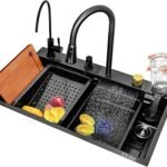 Kitchen Sink with ANTI SCRATCH HONEYCOMB DESIGN Integrated Waterfall and Pull-down Faucet Set/304 Grade Stainless Steel Sink with Cup washer and Drain Baskets (30x18x9 inch, Nano Coating)