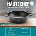 VAYA HauteChef Cast Iron Kadai, 24 cm, Pre-Seasoned & Naturally Non-Stick, 100% Pure & Toxin-Free, Deep Design for Frying & Curries, Induction Base, Rust-Resistant, Ergonomic Handles - Image 3