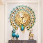 Peacock European Style Luxury Living Room Analog Clock 3D Diamonds Non-Ticking Silent Creative Personality Metal Large Crystal Quartz Art Wall Decorative (Multi) (Peacock Clock)