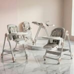 Baybee 3-in-1 Baby High Chair with Removable Double Food Tray, Reclining Seat, 8-Level Height Adjustment, 5-Point Safety Harness, Storage Basket & 360° Wheels | Feeding & Activity Chair for 6 Months to 5 Years (Grey)