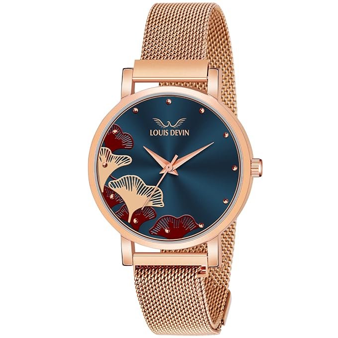 71R7AfsSLuL._SX679_ LOUIS DEVIN Rose Gold Plated Mesh Chain Analog Wrist Watch for Women (Black/Blue/Rose Gold Dial) | RG162 - Image 1