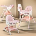 BAYBEE 3 in 1 Convertible High Chair with Adjustable Height and Footrest,Baby Toddler Feeding Booster Seat with Tray,Wheels,Safety Belt and Cushion,for Boys & Girls 6 Months to 3 Years (Liora Pink)