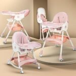 BAYBEE 3 in 1 Convertible High Chair with Adjustable Height and Footrest,Baby Toddler Feeding Booster Seat with Tray,Wheels,Safety Belt and Cushion,for Boys & Girls 6 Months to 3 Years (Liora Pink)