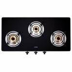Elica 3 Burner Gas Stove with Toughened Glass Top | 773 CT DT VETRO | Double Drip Tray | Jumbo, Medium & Small Brass Burners | Manual Ignition | 7-Year Glass Warranty | Black