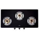 Elica 3 Burner Gas Stove with Toughened Glass Top | 773 CT DT VETRO | Double Drip Tray | Jumbo, Medium & Small Brass Burners | Manual Ignition | 7-Year Glass Warranty | Black