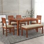 Solid Sheesham Wood Dining Table Set 6 Seater | Wooden 6 Seater Dining Table Dining Area Living Room | 4 Chair & 1 Bench | Hotel/Restaurant Dining for Six People | CNC | Honey Finish