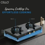 Black Pearl 2 Burner Toughened Glass Top Gas Stove, Brass Burners, Black Finish Glass Automatic Gas Stove (AA1104/189) - Image 3