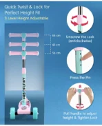 Fab N Funky 3-Wheel Foldable Kids Scooter with LED Lights & PU Wheels Pink & Blue|3 Level Height Adjustments| Compact Fold|Lean-to-Steer| Toy for 3+ yrs Boys&Girls| Gifting Option| Physical Activity (AA1104/137) - Image 3