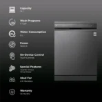 LG DFB424FM 14 Place Settings Free Standing Dishwasher with Inverter Direct Drive (Matt Black) - Image 3