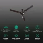Crompton Surebreeze Super Briz Deco 1 Star 1200mm 3 Blade Copper Motor Ceiling Fan (Rust Proof, Smoked Brown) - Image 2