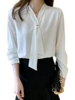 Women's Long Sleeve Bow Tie Neck Chiffon Fabric Blouse, Pink, White, V-Neck, Elegant Office Wear Style | Elegant Korean Style Relaxed Fit Shirt Top