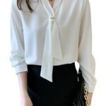 Women's Long Sleeve Bow Tie Neck Chiffon Fabric Blouse, Pink, White, V-Neck, Elegant Office Wear Style | Elegant Korean Style Relaxed Fit Shirt Top
