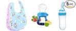 BabyGo Baby Feeding Combo | Waterproof Apron Bibs (3 Pcs) + Fruit Nibbler (1 Pc) + 90ml Silicone Squeeze Bottle (1 Pc), Soft, Washable & Reusable Feeding Essentials for Infants & Toddlers