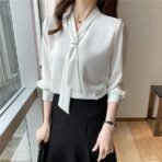 Women's Long Sleeve Bow Tie Neck Chiffon Fabric Blouse, Pink, White, V-Neck, Elegant Office Wear Style | Elegant Korean Style Relaxed Fit Shirt Top - Image 2