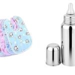 BabyGo Combo Pack | Waterproof Cotton Feeding Bibs Set of 6 + 150ml Stainless Steel Feeding Bottle, Soft, Washable, Reusable & Comfortable Baby Feeding Bibs for Infants & Toddlers | Multicolor