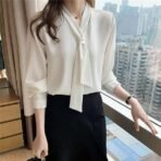Women's Long Sleeve Bow Tie Neck Chiffon Fabric Blouse, Pink, White, V-Neck, Elegant Office Wear Style | Elegant Korean Style Relaxed Fit Shirt Top - Image 3