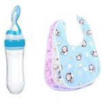BabyGo Baby Feeding Combo | Waterproof Apron Bibs Set of 3 + BPA-Free Soft Silicone Squeeze Feeder Bottle with Spoon (90ml), Easy-to-Use & Reusable Feeding Set for Babies & Toddlers
