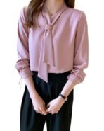 Women's Long Sleeve Bow Tie Neck Chiffon Fabric Blouse, Pink, White, V-Neck, Elegant Office Wear Style | Elegant Korean Style Relaxed Fit Shirt Top - Image 5
