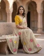Handcrafted Floral Embroidered Saree with Contrast Yellow Blouse (AA1104/206) - Image 2