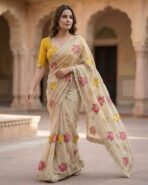Handcrafted Floral Embroidered Saree with Contrast Yellow Blouse (AA1104/206) - Image 6