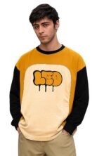 LEOTUDE Oversized Full Sleeve Cottonblend Graphic Printed Round Neck Drop Shoulder Tshirt for Man (Color Mustard)