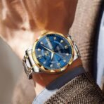 OLEVS Men's Business Watch Gold Blue with Large Easy-Read Analog Quartz Date Display Luxury Stainless Steel Band Waterproof Luminous Hands (AA1104/247) - Image 4