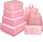 7pcs Set Travel Organizer Packing Cubes Lightweight Travel Luggage Organizers with Laundry Bag or Toiletry Bag Laundry Organiser (Pink, 7 PCS), Polyester, 20L x 10W x 5H Centimeters[AA1098/69]