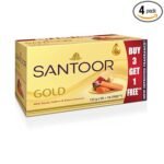 Santoor Gold Bathing Bar Soap with Kashmiri Saffron, Sandal & Sakura Extracts for Soft & Younger-Looking Skin| Gentle & Rich Lathering Formula with Refreshing Fragrance| For All Skin Types (125g, Pack of 4)