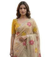 Handcrafted Floral Embroidered Saree with Contrast Yellow Blouse (AA1104/206)