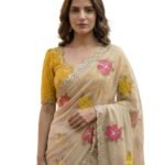 Handcrafted Floral Embroidered Saree with Contrast Yellow Blouse (AA1104/206)
