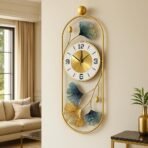 Gold Metal Wall Clock for Living Room Stylish Decor | Designer Ginkgo Leaf Wall Art | Silent Non-Ticking Premium Analog Clock for Home & Bedroom(AA1103/176)