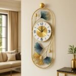 Gold Metal Wall Clock for Living Room Stylish Decor | Designer Ginkgo Leaf Wall Art | Silent Non-Ticking Premium Analog Clock for Home & Bedroom(AA1103/176)