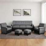 FURNY Woodswave 5 Seater Fabric 3+1+1+2 Puffy Sofa Set for Living Room (Grey-Black Color- Velvet Fabric) (AA1104/162)