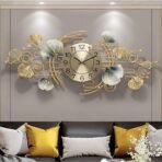 Large Metal Wall Clock for Living Room Décor | Luxury Golden & Blue Ginkgo Leaf Design | Modern Silent Non-Ticking Wall Watch | Premium Decorative Wall Art Clock (70 x 39 cm)(AA1103/184)