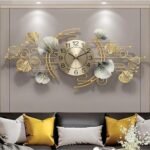 Large Metal Wall Clock for Living Room Décor | Luxury Golden & Blue Ginkgo Leaf Design | Modern Silent Non-Ticking Wall Watch | Premium Decorative Wall Art Clock (70 x 39 cm)(AA1103/184)