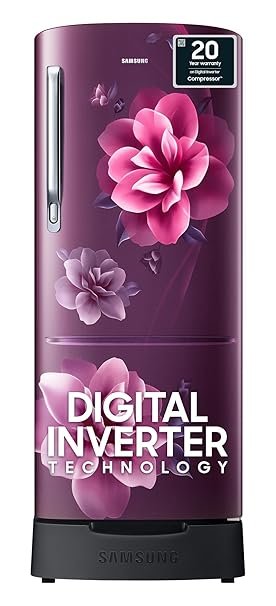 61aROaTU49L._SY606_ Samsung 183 L, 4 Star, Digital Inverter, Direct-Cool Single Door Refrigerator (RR20C1824CR/HL, Red, Camellia Purple, Base Stand Drawer) - Image 1