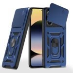 Amazon Basics Back Cover for Redmi Note 14 5G|360 Protection Case|Sliding Camera Sheild Cover & Ring Holder Stand Back Cover|D10 Tough Armor Bumper Case (Blue&Black))
