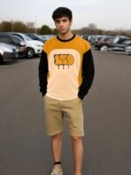 LEOTUDE Oversized Full Sleeve Cottonblend Graphic Printed Round Neck Drop Shoulder Tshirt for Man (Color Mustard) - Image 4