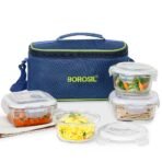 Borosil Klip n Store Universal Lunchbox | 320ml x 2 Square + 240ml x 2 Round Container Set | Made in India Borosilicate Glass | Microwave & Dishwasher Safe | Tiffin for Office/School/College(AA1103/190)