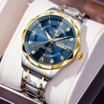 OLEVS Men's Business Watch Gold Blue with Large Easy-Read Analog Quartz Date Display Luxury Stainless Steel Band Waterproof Luminous Hands (AA1104/247)