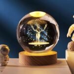 One94Store 3D Engraved Deer Crystal Globe Lamp | USB LED Night Light with Wooden Base | Creative 6 cm Crystal Ball Table Lamp for Bedroom, Home, Office Décor & Gifting (Warm White) (AA1102/34)
