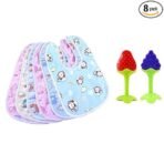 BabyGo Waterproof Baby Apron Bibs Combo | Feeding Bibs with BPA-Free Silicone Organic Teether, Soft & Reusable Cotton Meal Time Bibs for Infants & Toddlers | Teethers (Pack of 2) + Bibs (Set of 6)