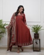 GoSriKi Women's Rayon Viscose Anarkali Printed Kurta with Pant and Dupatta | V-Neck Kurti Set | 3/4 Length Regular Sleeves | Soft Flowing Fabric | Elegant 3 Piece Outfit [AA1097 / 8] - Image 2