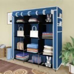 12 Shelves Collapsible Foldable Wardrobe Storage Organizer Shelves for Clothes Racks Fabric Almirah Non Rustable Iron 88250 (Blue) (AA1102)