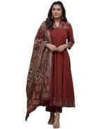 GoSriKi Women's Rayon Viscose Anarkali Printed Kurta with Pant and Dupatta | V-Neck Kurti Set | 3/4 Length Regular Sleeves | Soft Flowing Fabric | Elegant 3 Piece Outfit [AA1097 / 8]