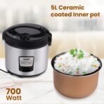 AGARO Regency Electric Rice Cooker, 5L Ceramic Coated Inner Bowl, Cooks up to 1.5Kgs (approx.10 cups) raw rice, 700 W, Easy Grip handle, Automatic Cooking, Keep Warm Function, Multipurpose Cooking[AA1097/82] - Image 3